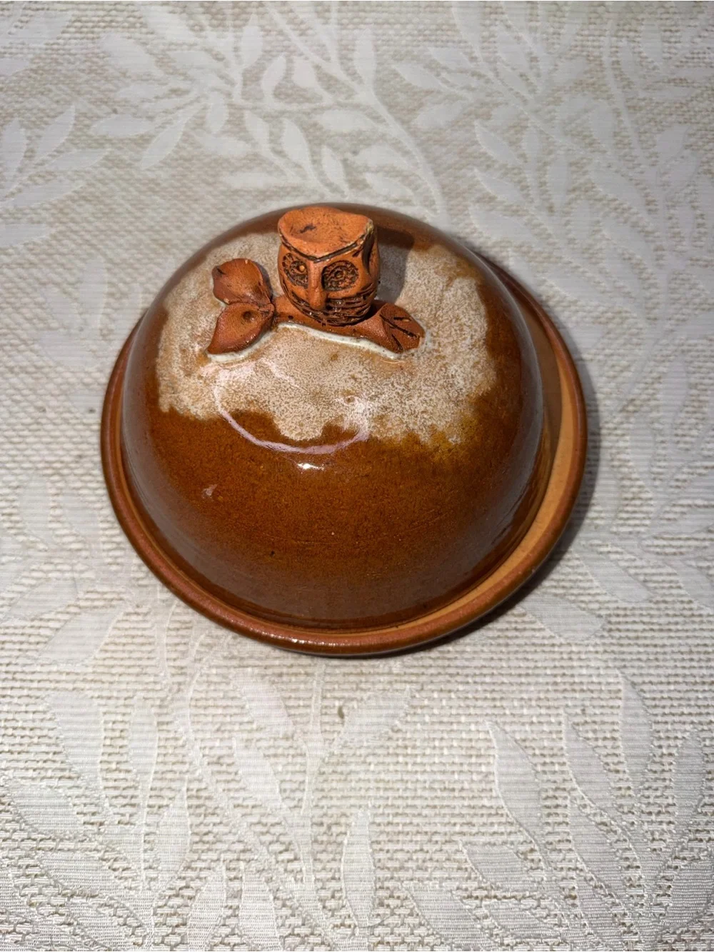 Handmade Ceramic Butter Dish with Owl Lid - Burnt Orange